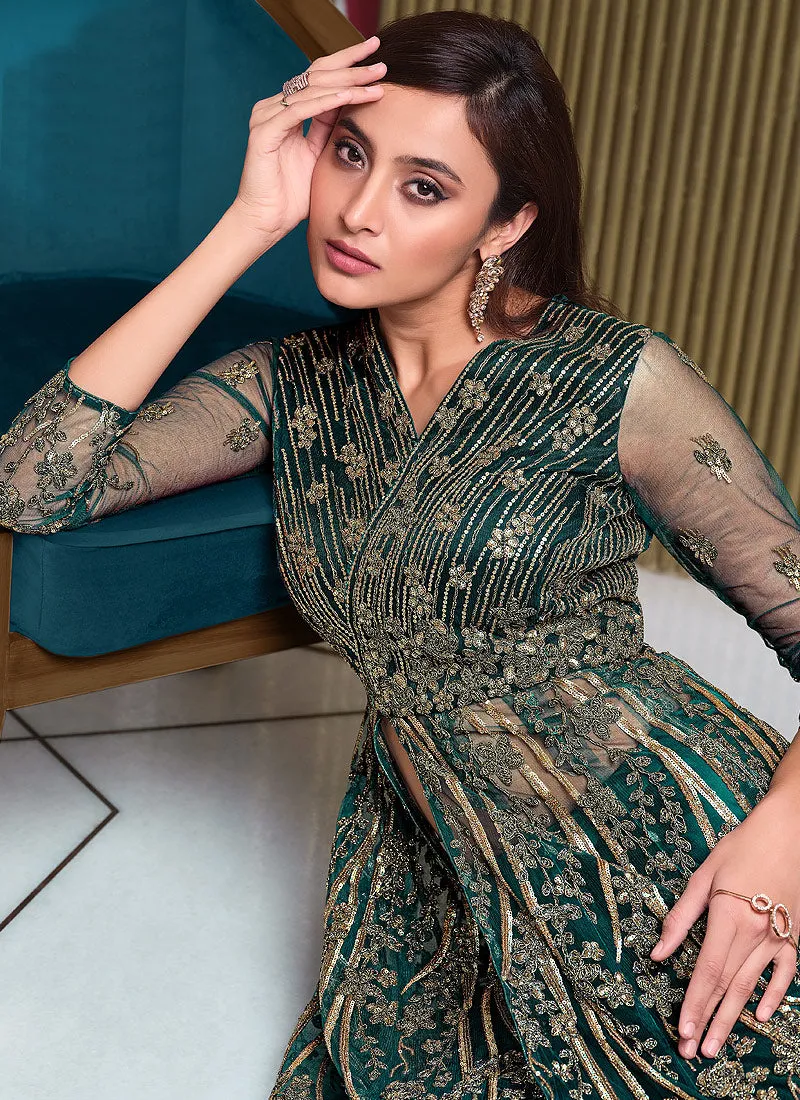 Green Embroidered Slit Anarkali Pants/Lehenga Suit