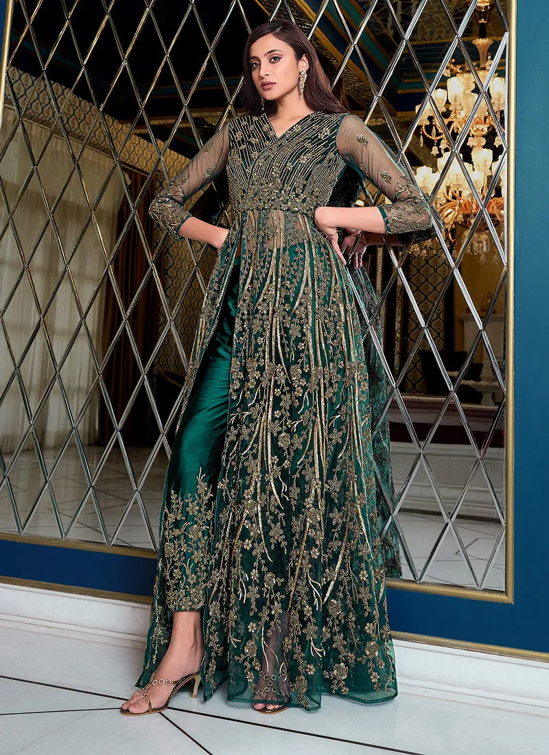Green Embroidered Slit Anarkali Pants/Lehenga Suit