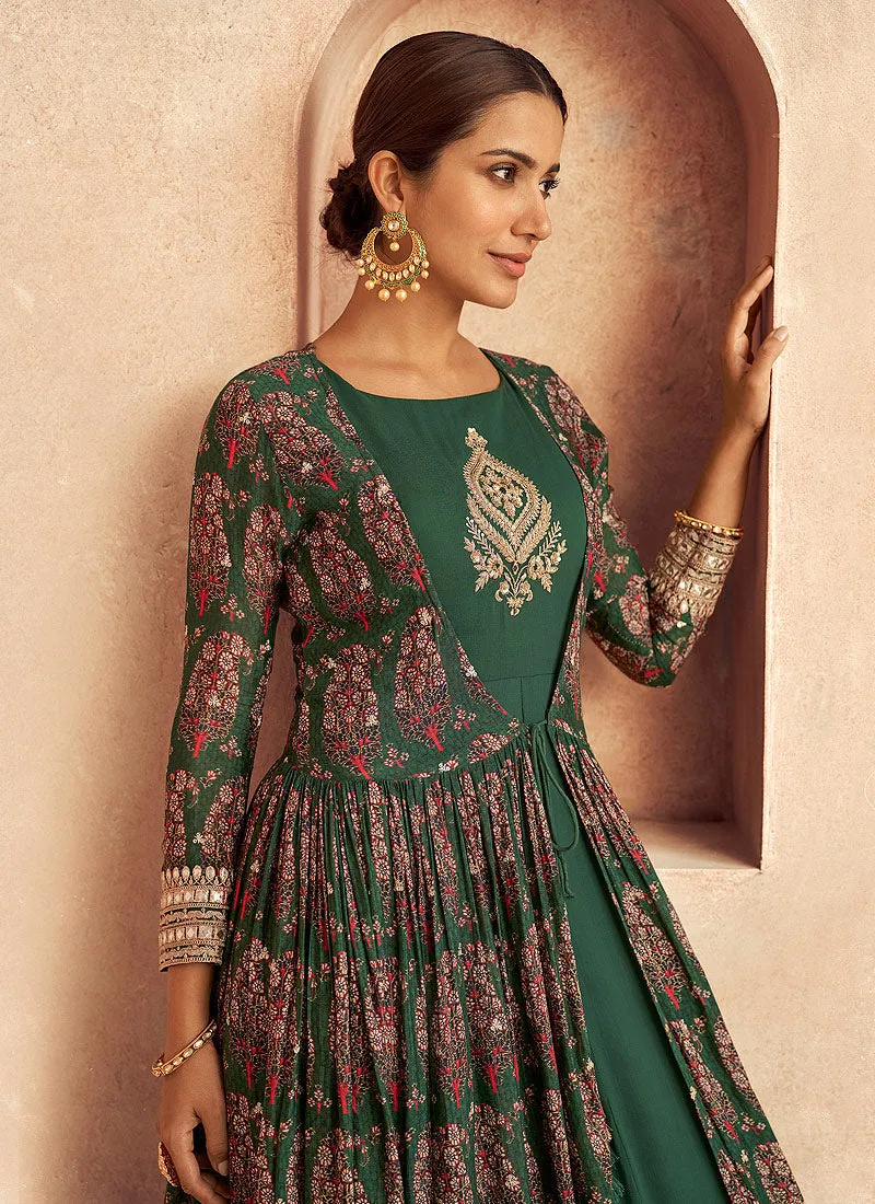 Green Embroidery Jacket Style Anarkali Suit
