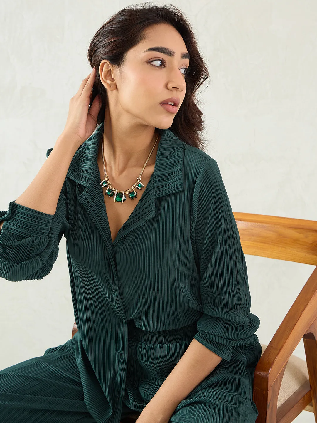 Green Pleated Button Down Shirt