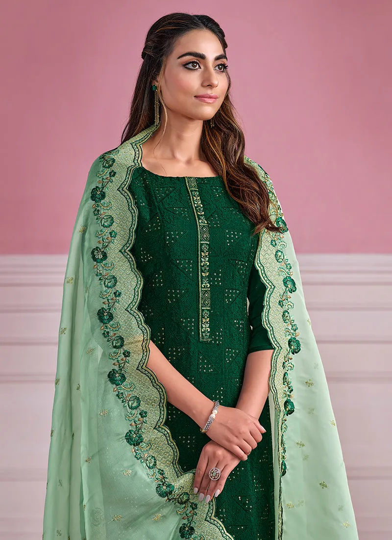 Green Two Tone Chikankari Embroidery Pant Suit
