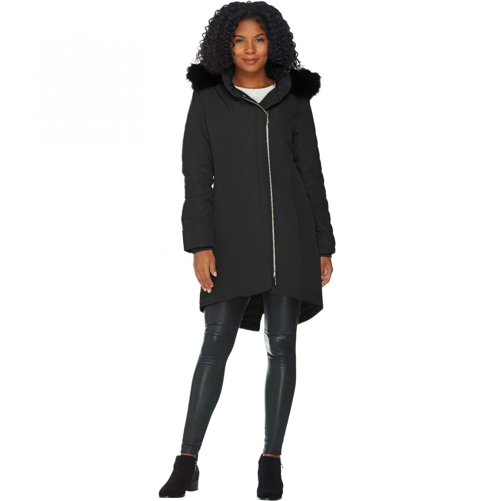 H by Halston Women's Hooded Down Parka With Faux Fur Trim Black 10