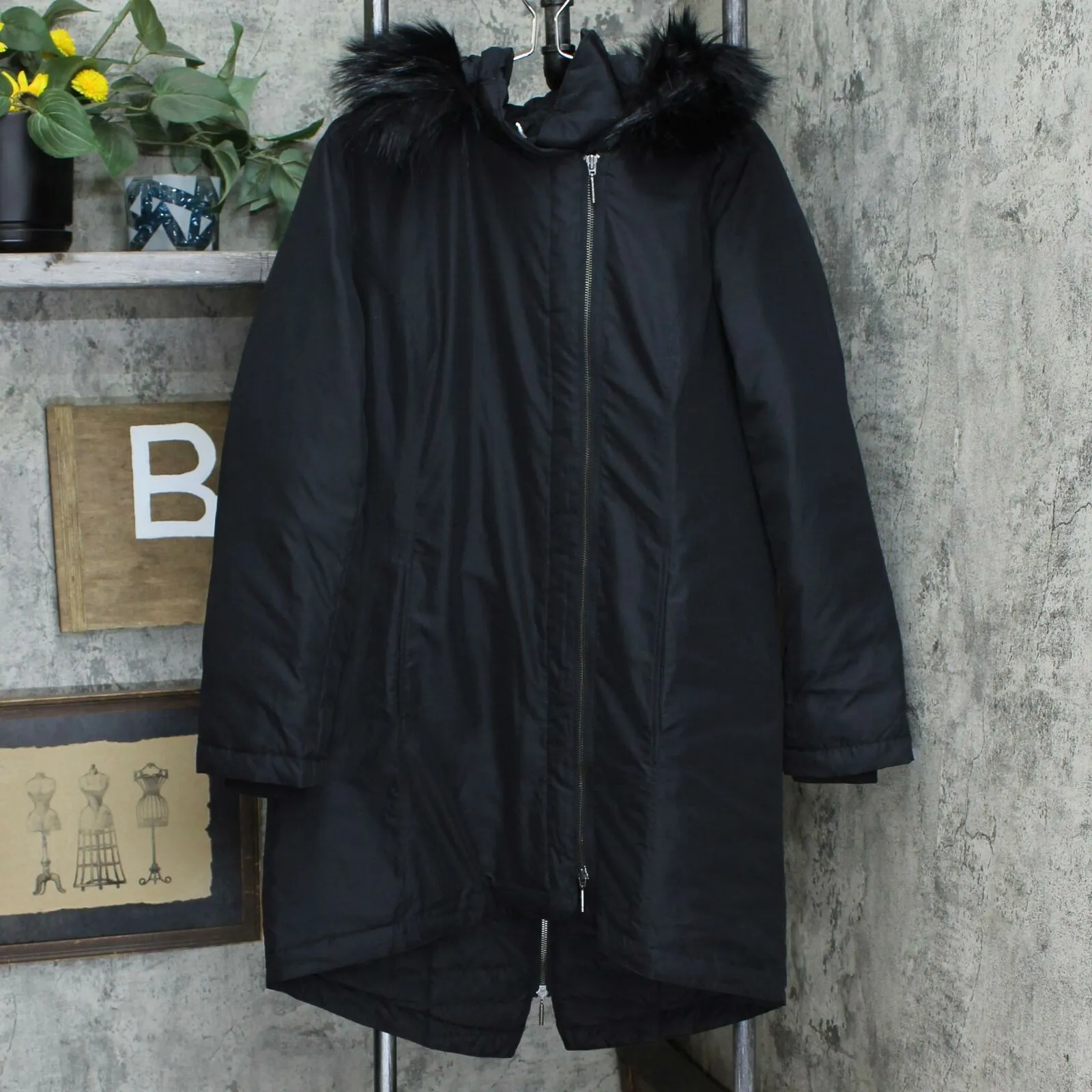 H by Halston Women's Hooded Down Parka With Faux Fur Trim Black 10