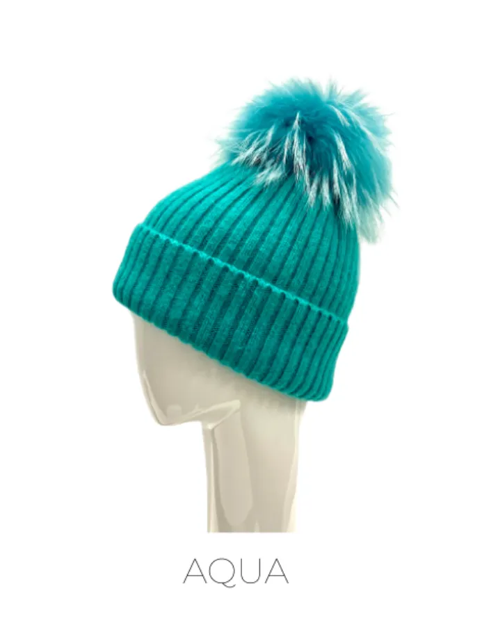Hat, Angora Wool Blend Ribbed Knit Hat with Genuine Fur Pom, Multiple Colors - Linda Richards - Style HA62