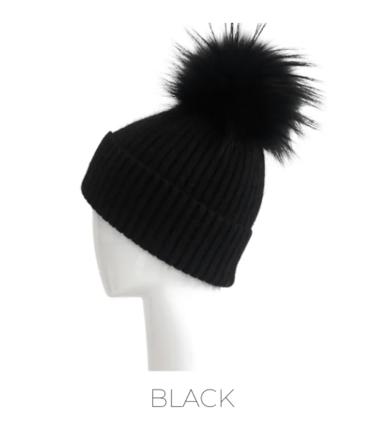 Hat, Angora Wool Blend Ribbed Knit Hat with Genuine Fur Pom, Multiple Colors - Linda Richards - Style HA62