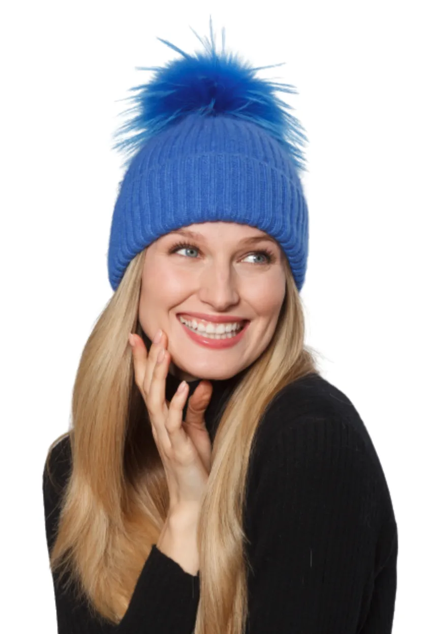 Hat, Angora Wool Blend Ribbed Knit Hat with Genuine Fur Pom, Multiple Colors - Linda Richards - Style HA62
