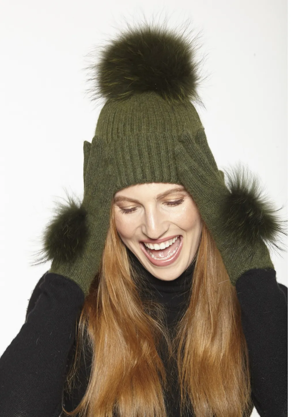Hat, Angora Wool Blend Ribbed Knit Hat with Genuine Fur Pom, Multiple Colors - Linda Richards - Style HA62