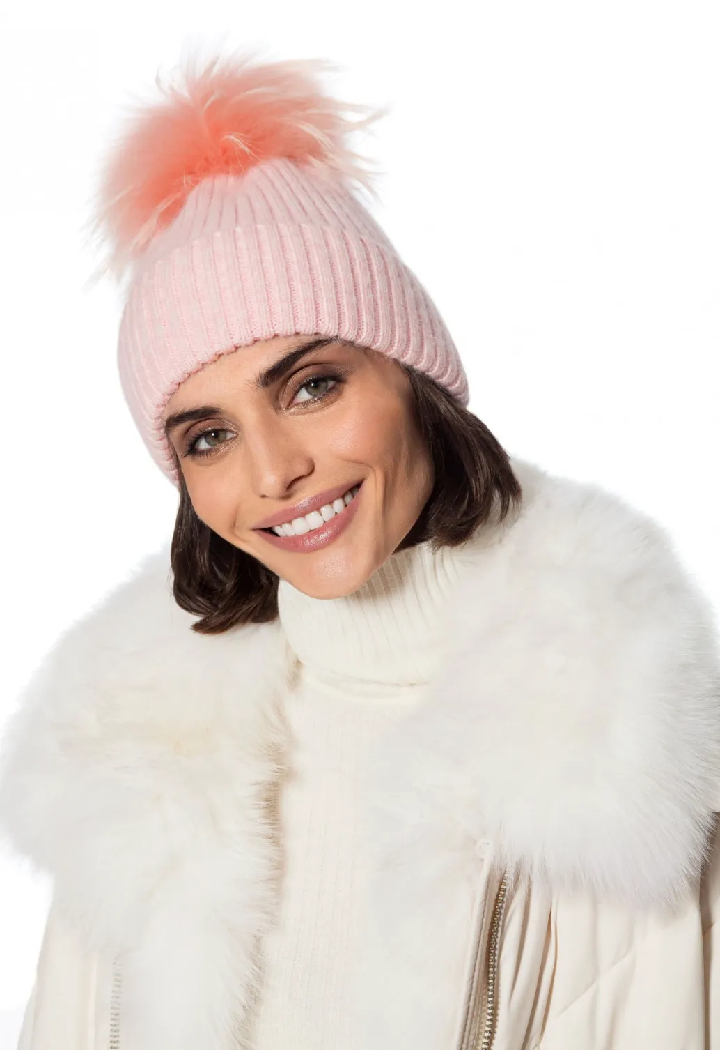 Hat, Angora Wool Blend Ribbed Knit Hat with Genuine Fur Pom, Multiple Colors - Linda Richards - Style HA62