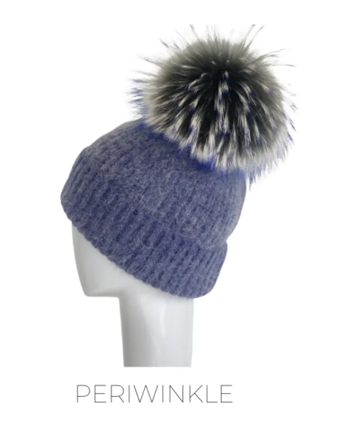 Hat, Angora Wool Blend Ribbed Knit Hat with Genuine Fur Pom, Multiple Colors - Linda Richards - Style HA62