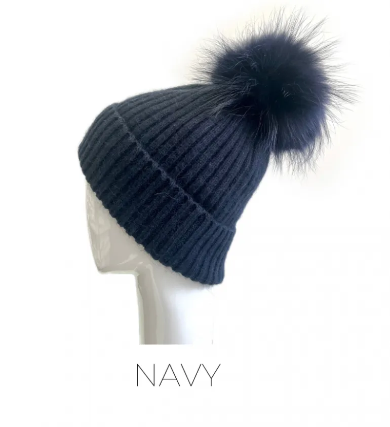 Hat, Angora Wool Blend Ribbed Knit Hat with Genuine Fur Pom, Multiple Colors - Linda Richards - Style HA62