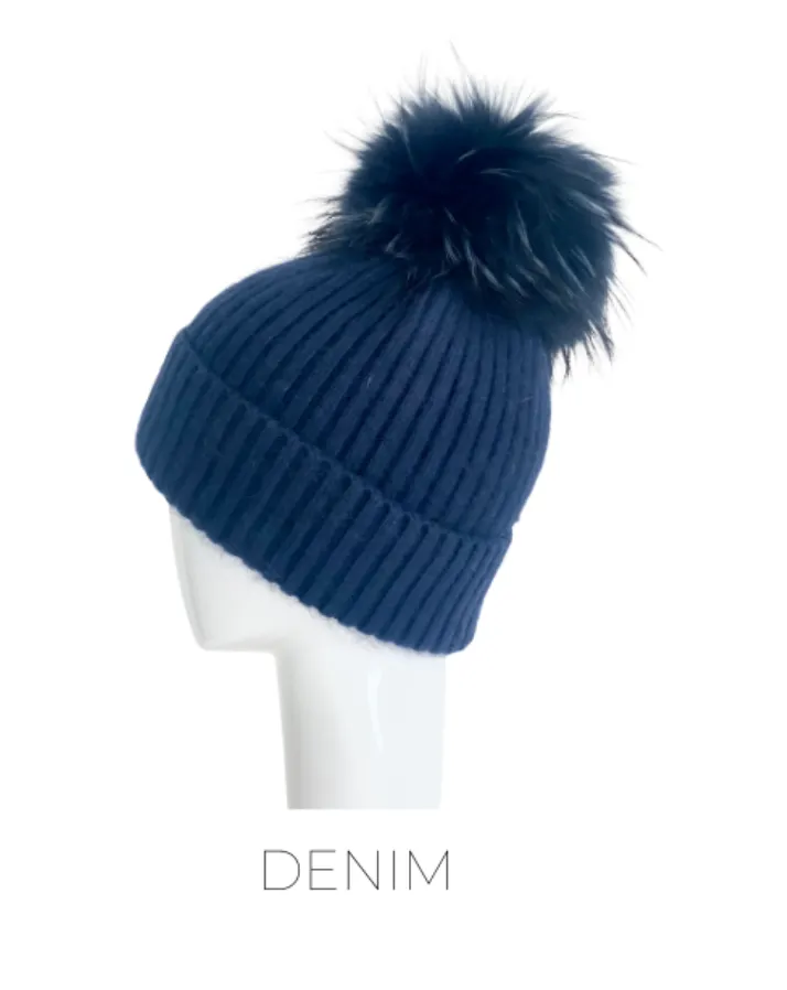 Hat, Angora Wool Blend Ribbed Knit Hat with Genuine Fur Pom, Multiple Colors - Linda Richards - Style HA62