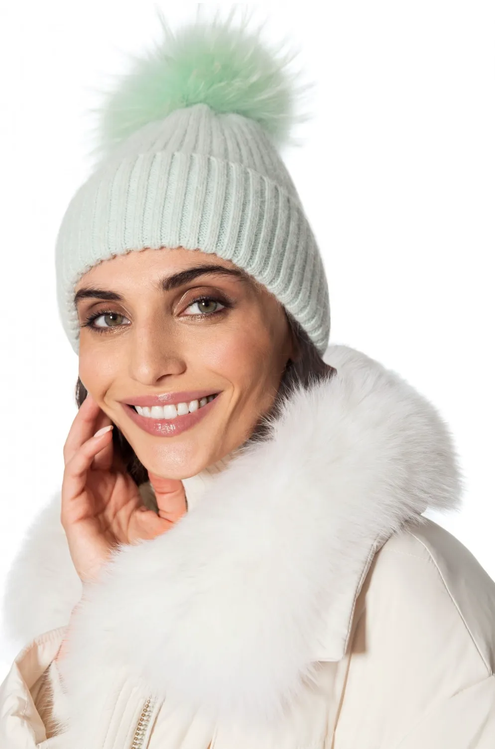 Hat, Angora Wool Blend Ribbed Knit Hat with Genuine Fur Pom, Multiple Colors - Linda Richards - Style HA62
