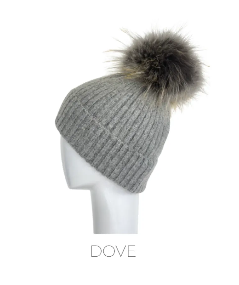 Hat, Angora Wool Blend Ribbed Knit Hat with Genuine Fur Pom, Multiple Colors - Linda Richards - Style HA62