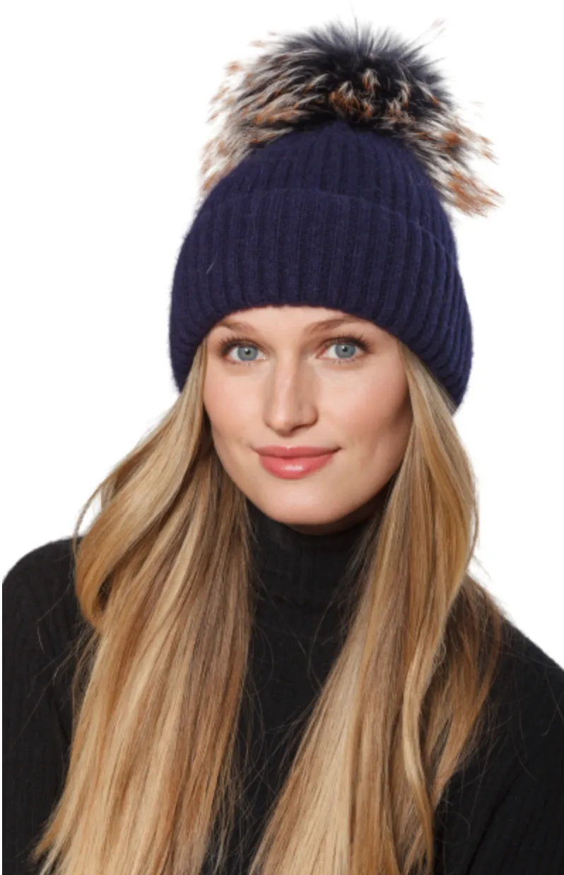 Hat, Angora Wool Blend Ribbed Knit Hat with Genuine Fur Pom, Multiple Colors - Linda Richards - Style HA62