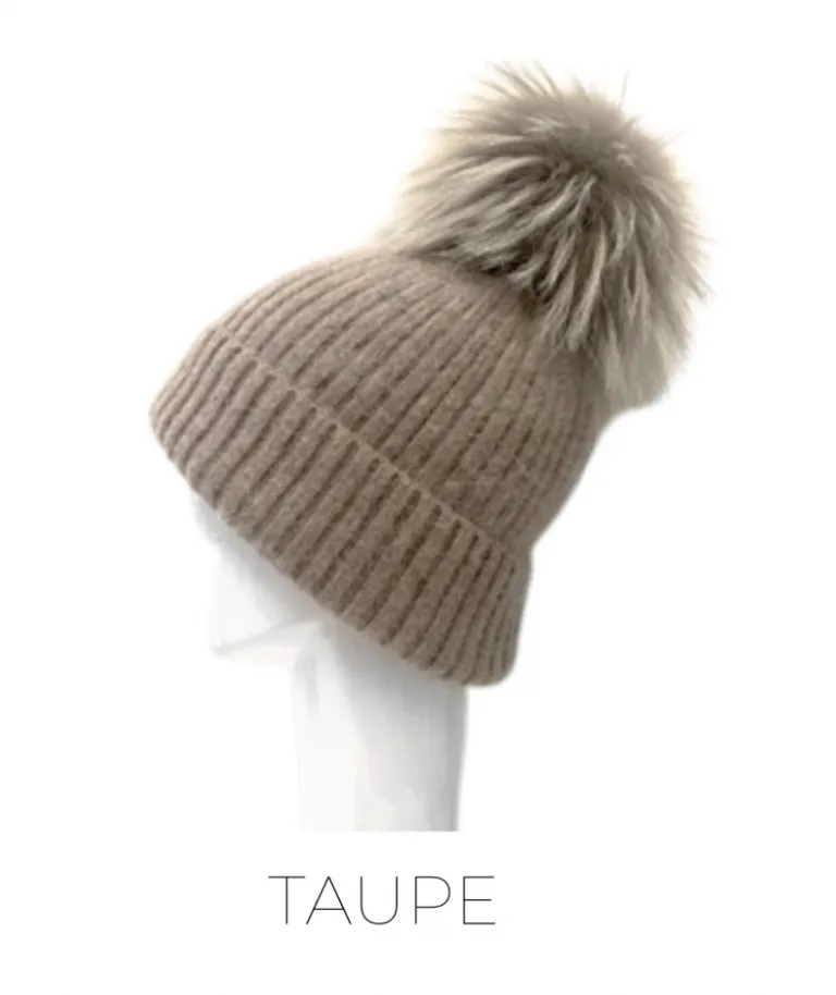 Hat, Angora Wool Blend Ribbed Knit Hat with Genuine Fur Pom, Multiple Colors - Linda Richards - Style HA62
