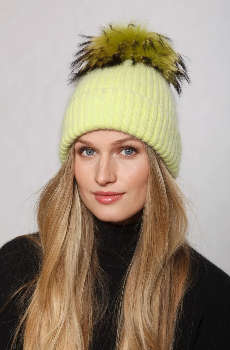 Hat, Angora Wool Blend Ribbed Knit Hat with Genuine Fur Pom, Multiple Colors - Linda Richards - Style HA62