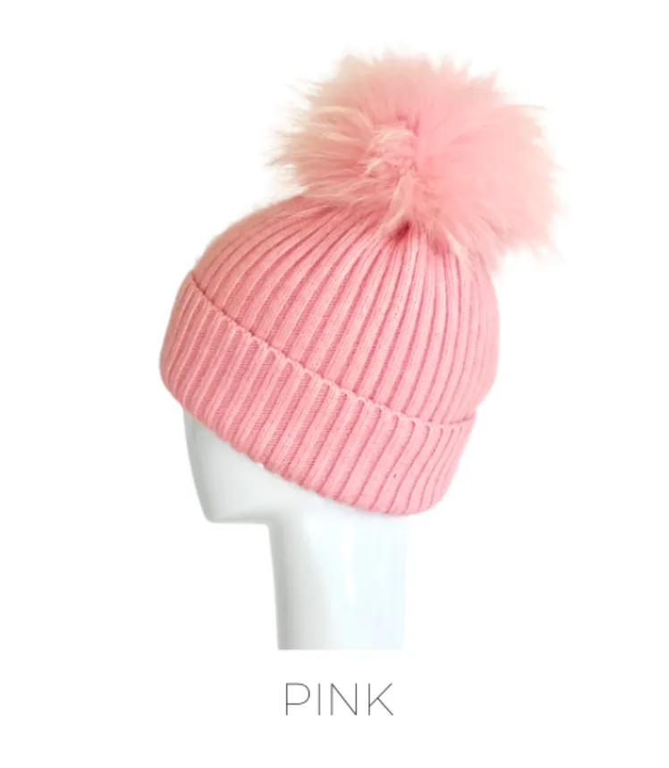 Hat, Angora Wool Blend Ribbed Knit Hat with Genuine Fur Pom, Multiple Colors - Linda Richards - Style HA62