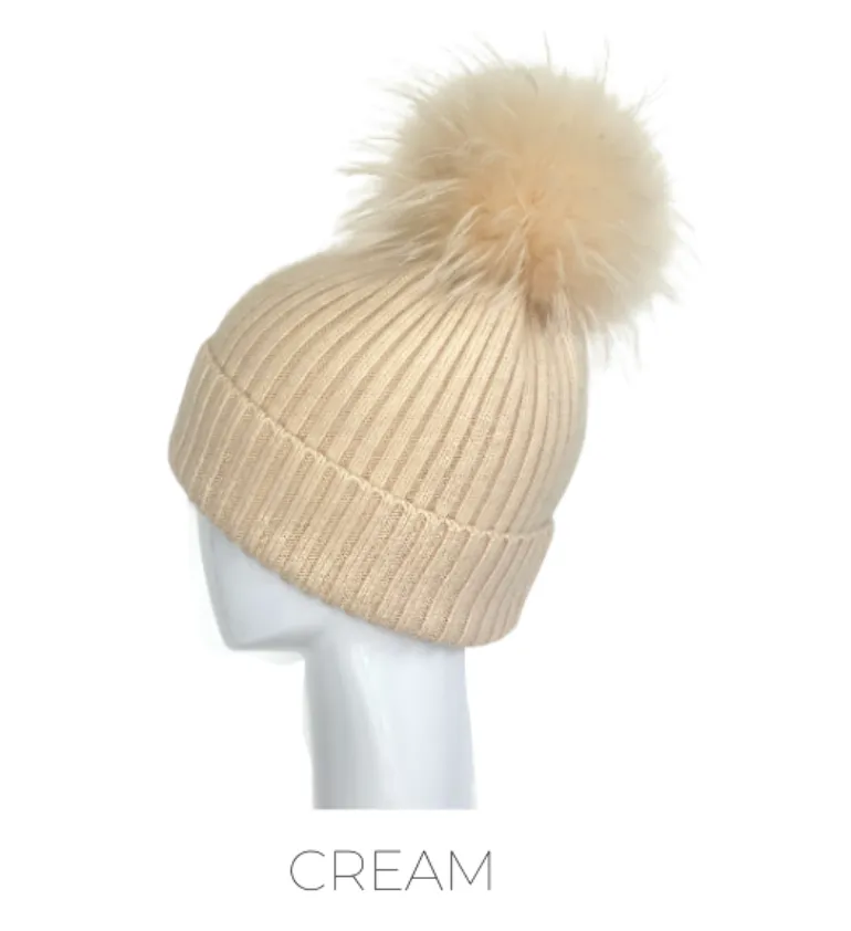 Hat, Angora Wool Blend Ribbed Knit Hat with Genuine Fur Pom, Multiple Colors - Linda Richards - Style HA62