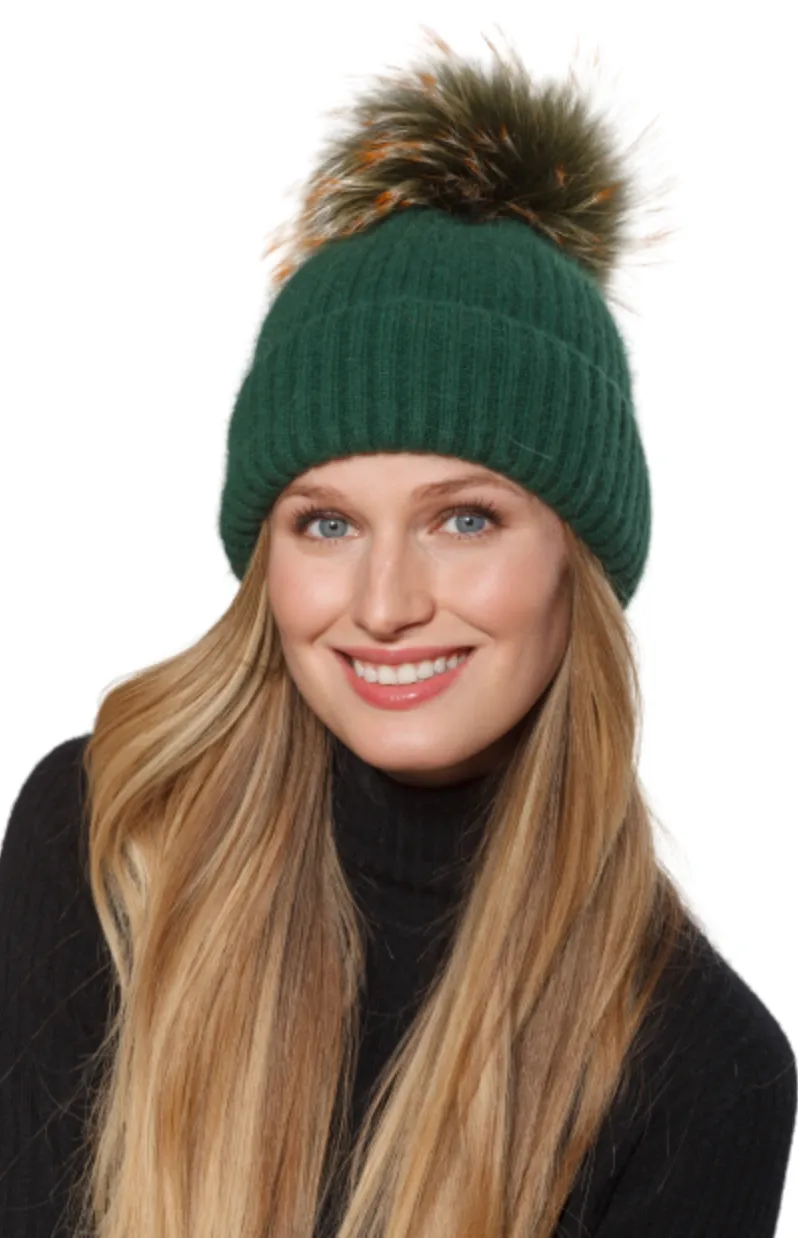 Hat, Angora Wool Blend Ribbed Knit Hat with Genuine Fur Pom, Multiple Colors - Linda Richards - Style HA62