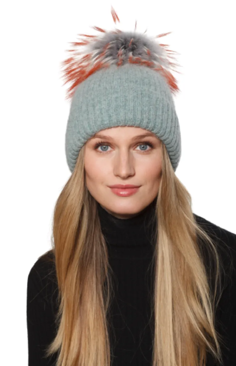 Hat, Angora Wool Blend Ribbed Knit Hat with Genuine Fur Pom, Multiple Colors - Linda Richards - Style HA62