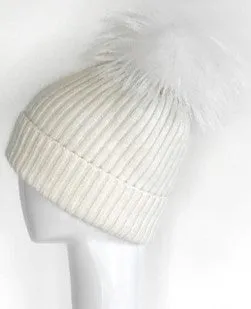 Hat, Angora Wool Blend Ribbed Knit Hat with Genuine Fur Pom, Multiple Colors - Linda Richards - Style HA62
