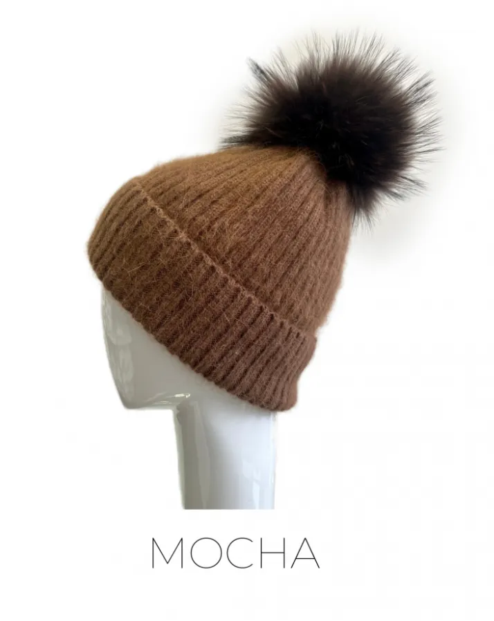 Hat, Angora Wool Blend Ribbed Knit Hat with Genuine Fur Pom, Multiple Colors - Linda Richards - Style HA62