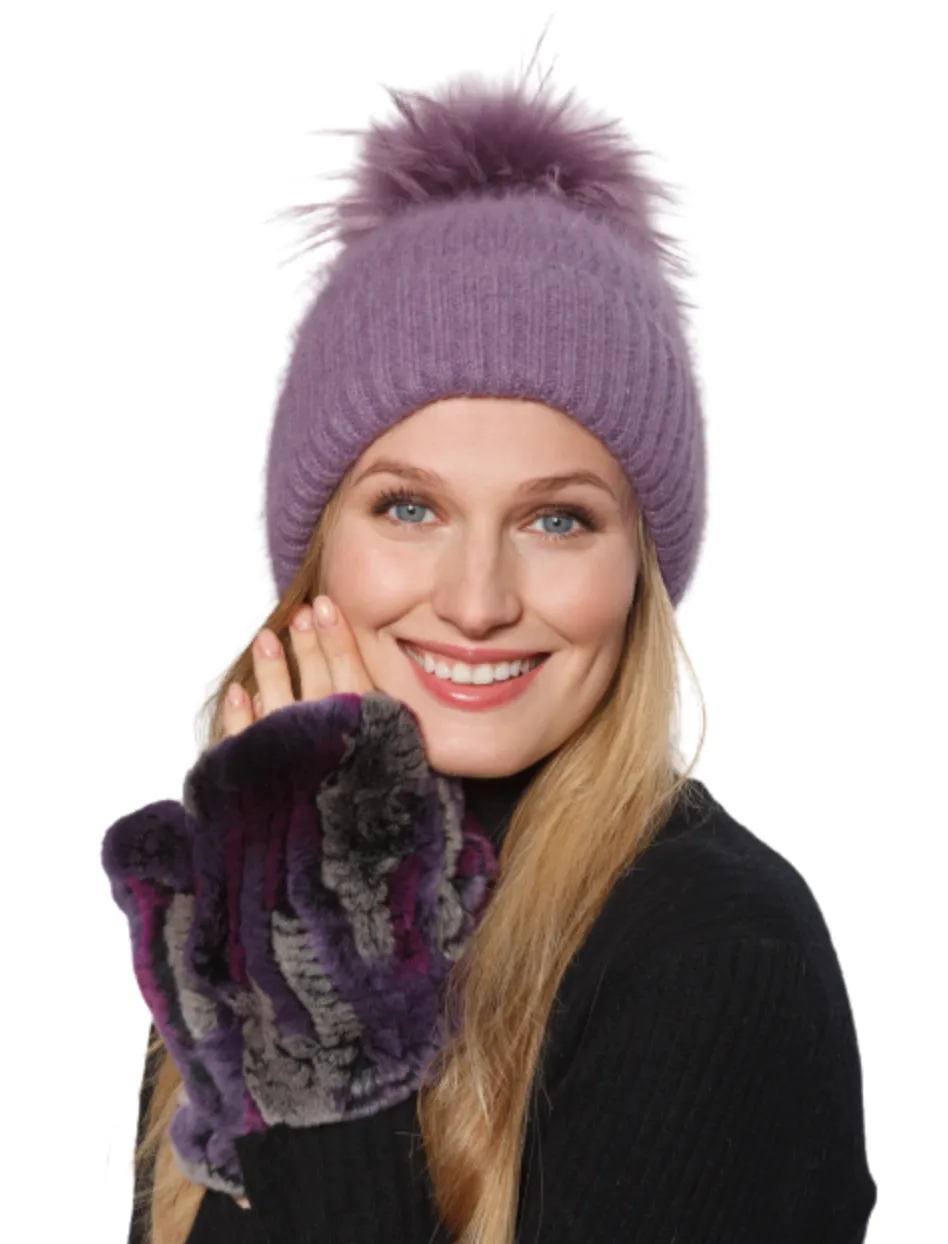 Hat, Angora Wool Blend Ribbed Knit Hat with Genuine Fur Pom, Multiple Colors - Linda Richards - Style HA62