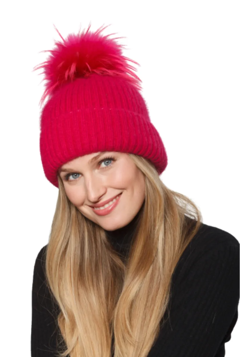 Hat, Angora Wool Blend Ribbed Knit Hat with Genuine Fur Pom, Multiple Colors - Linda Richards - Style HA62