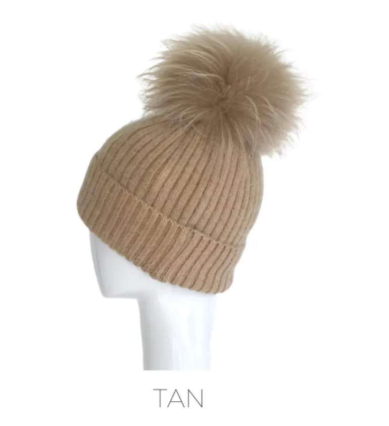 Hat, Angora Wool Blend Ribbed Knit Hat with Genuine Fur Pom, Multiple Colors - Linda Richards - Style HA62
