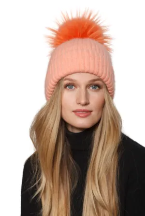 Hat, Angora Wool Blend Ribbed Knit Hat with Genuine Fur Pom, Multiple Colors - Linda Richards - Style HA62
