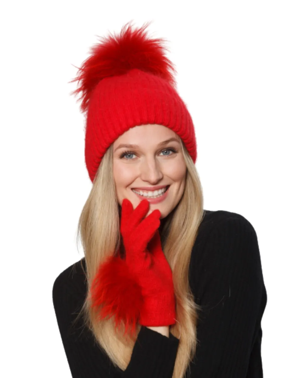 Hat, Angora Wool Blend Ribbed Knit Hat with Genuine Fur Pom, Multiple Colors - Linda Richards - Style HA62