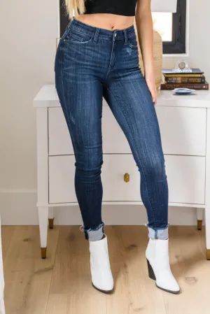 Hazel Blues® | Maeve Mid-Rise Dark Wash Cuffed Skinny