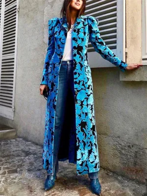 High Quality Long Floral Lapel Collar Soft Velvet Trench Coat