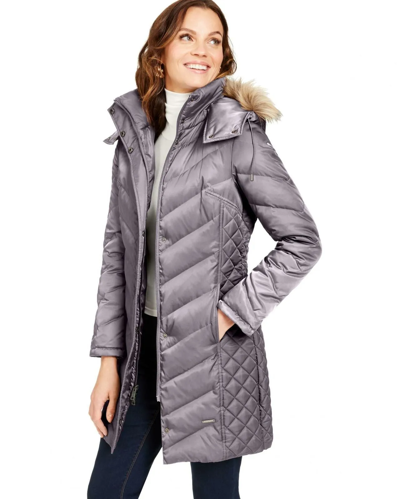Kenneth Cole Women's Faux Fur Trim Hooded Down Puffer Coat