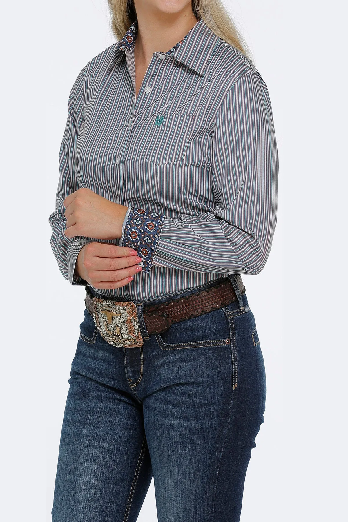LADIES GREEN STRIPE LONG SLEEVE CINCH SHIRT