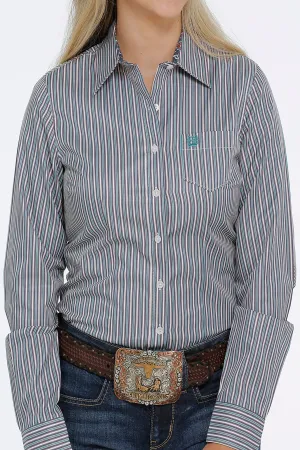 LADIES GREEN STRIPE LONG SLEEVE CINCH SHIRT