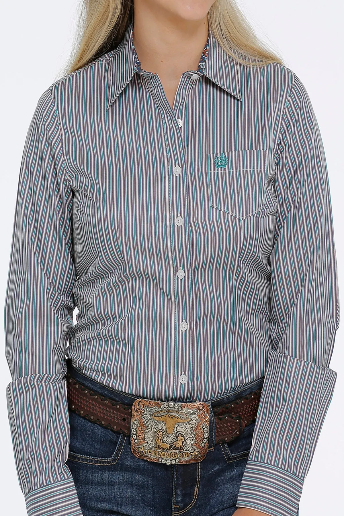 LADIES GREEN STRIPE LONG SLEEVE CINCH SHIRT