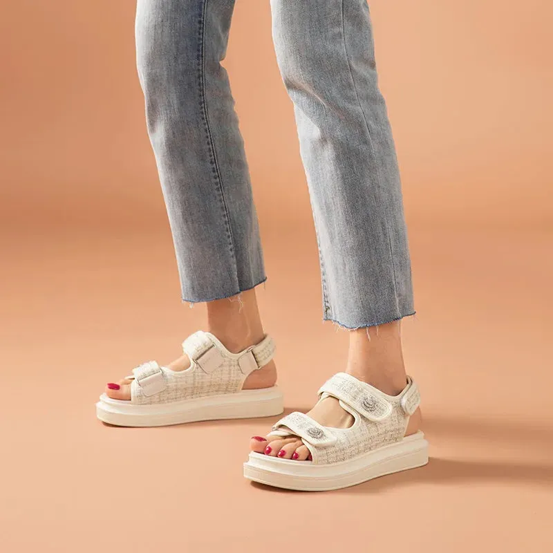 Lattice Round Toe Hook Loop Plaid Cloth Outdoor Sandals