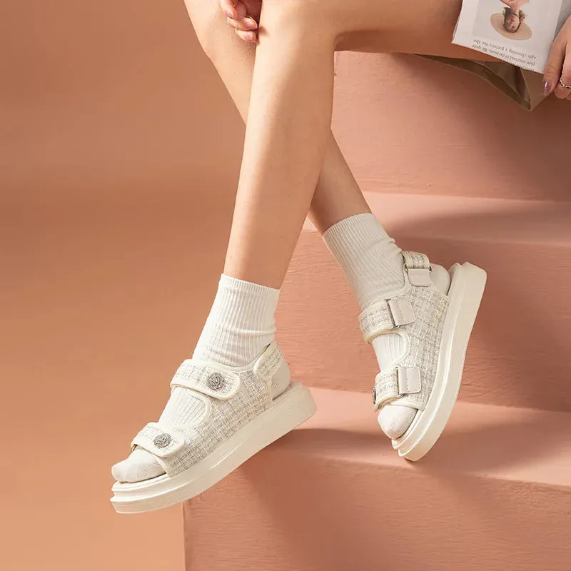 Lattice Round Toe Hook Loop Plaid Cloth Outdoor Sandals