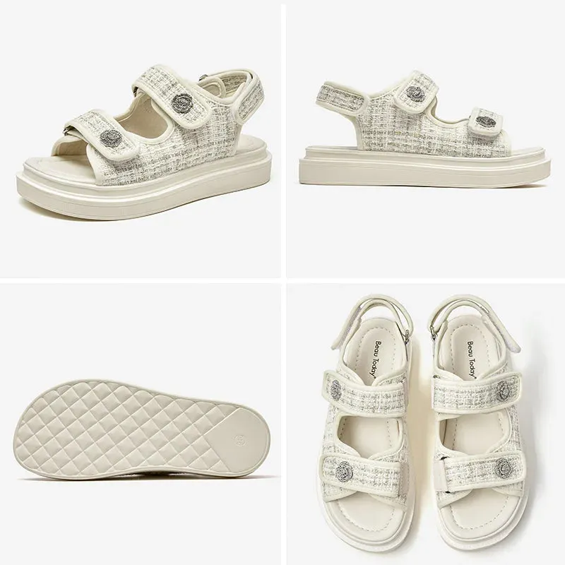Lattice Round Toe Hook Loop Plaid Cloth Outdoor Sandals