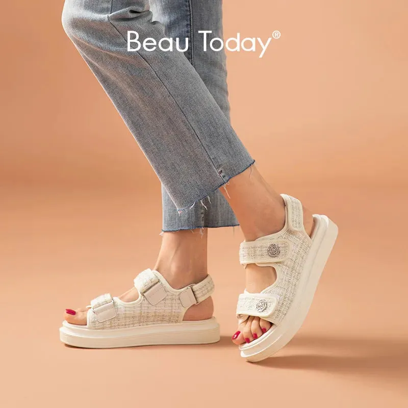 Lattice Round Toe Hook Loop Plaid Cloth Outdoor Sandals