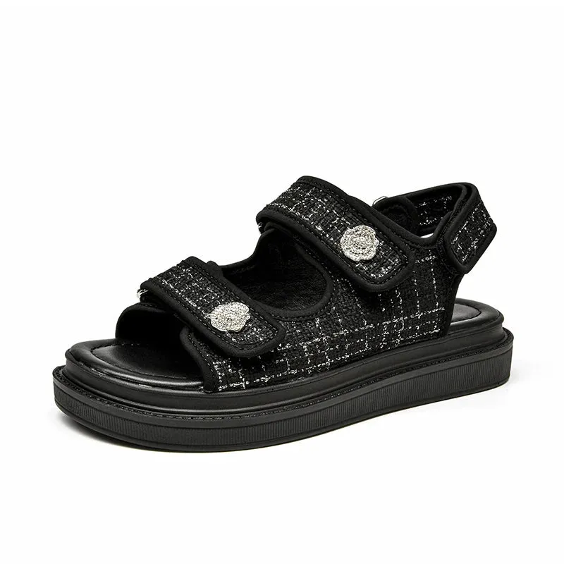 Lattice Round Toe Hook Loop Plaid Cloth Outdoor Sandals