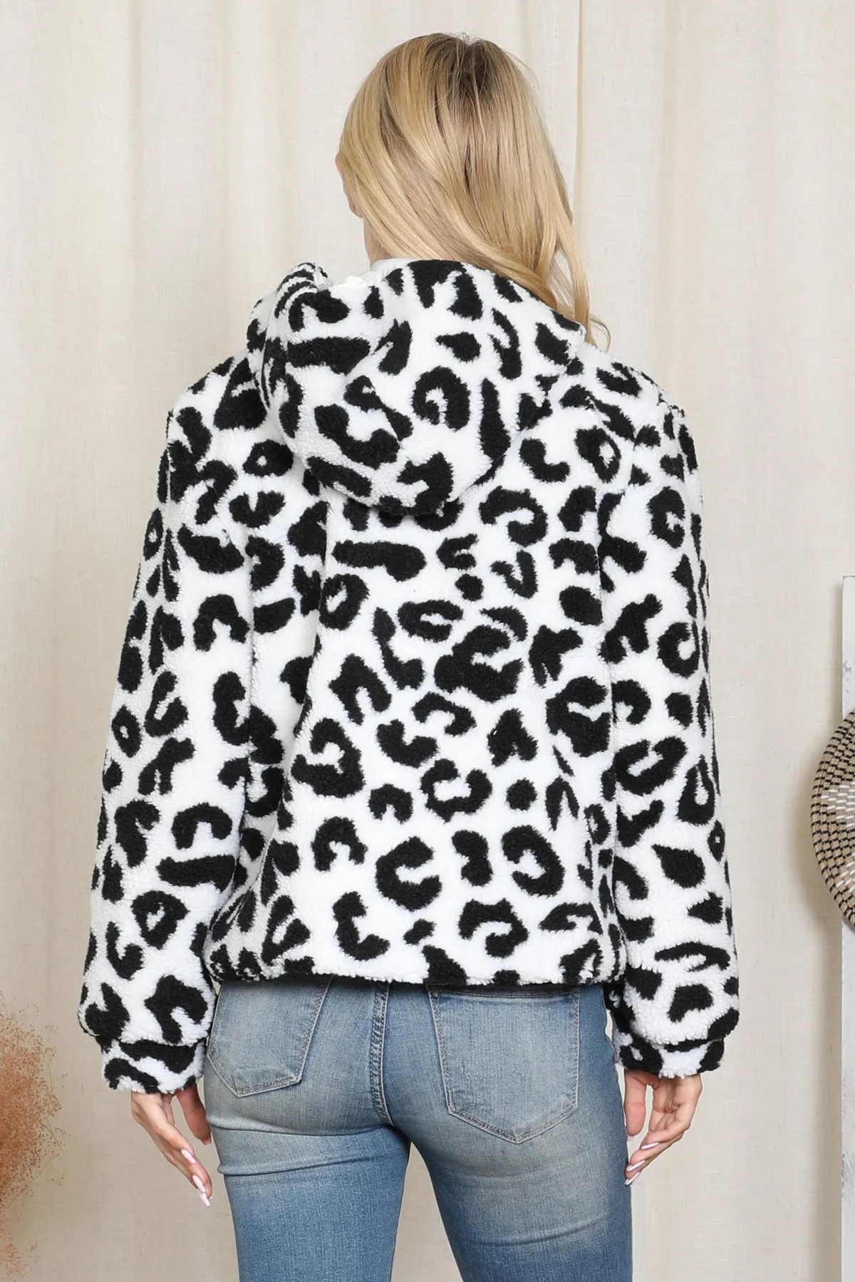 Leopard Print Faux Fur Hoodie Jacket