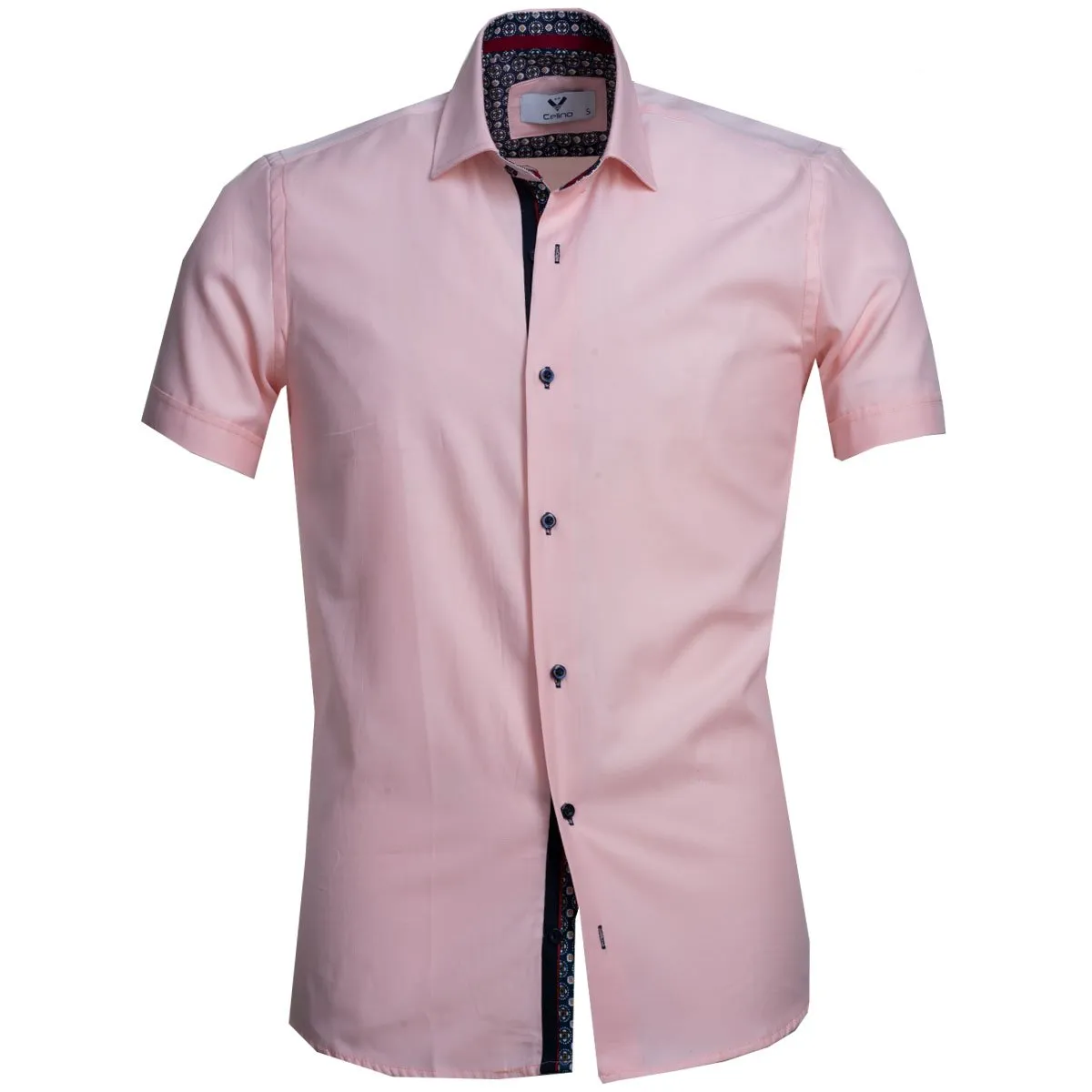 Light Pink Solid Short Sleeve Button up Shirts for Men - Tailored Slim Fit Cotton Dress Shirts