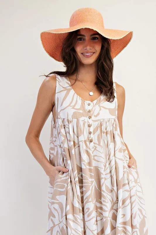Linen printed white & beige dress (Preorder)