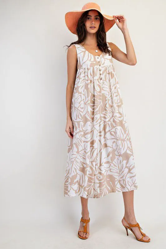 Linen printed white & beige dress (Preorder)