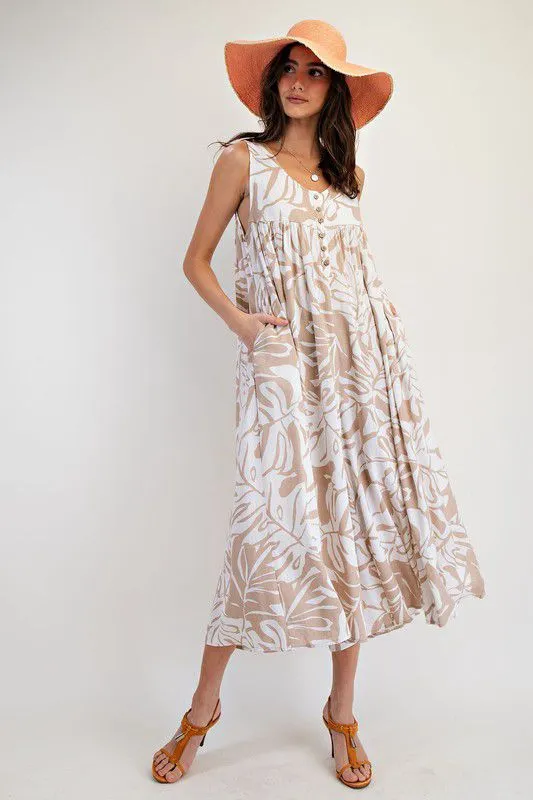 Linen printed white & beige dress (Preorder)