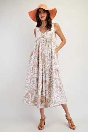 Linen printed white & beige dress (Preorder)