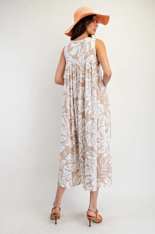 Linen printed white & beige dress (Preorder)