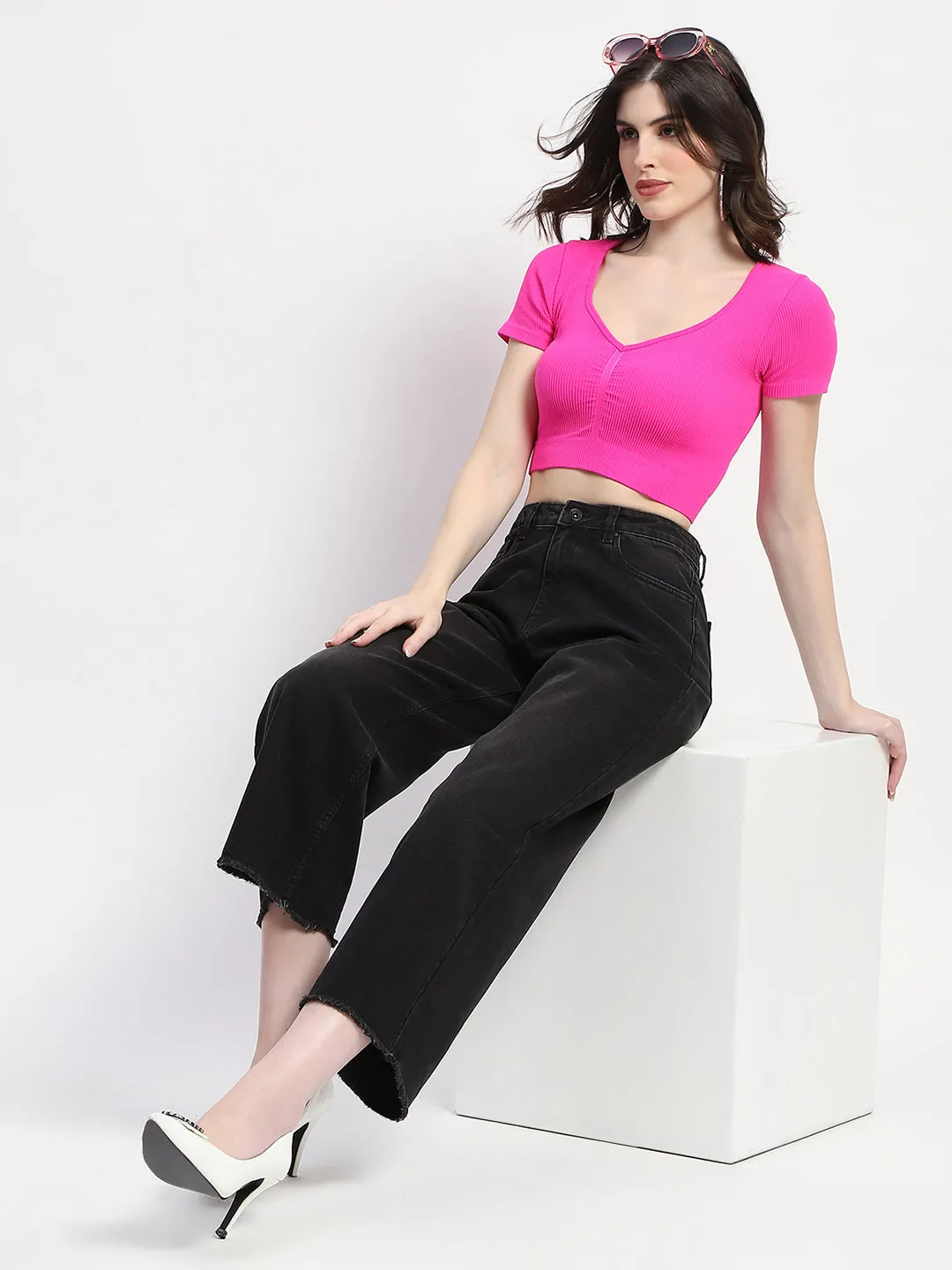 Madame Frayed Hem Black Flared Denim